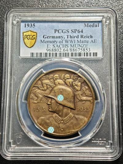 【德藏】世界币章拍卖第170期（拍品征集中~欢迎藏友联系） 1935年 德国民族社会主义工人党全民总动员纪念铜章 萨克森版 状态极佳 PCGS SP64（原图请查询PCGS评级公司官网）