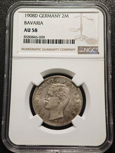 【德藏】世界币章拍卖第170期（拍品征集中~欢迎藏友联系） 1908年 德国巴伐利亚奥托2马克银币 NGC AU58 原味包浆 原光犹存