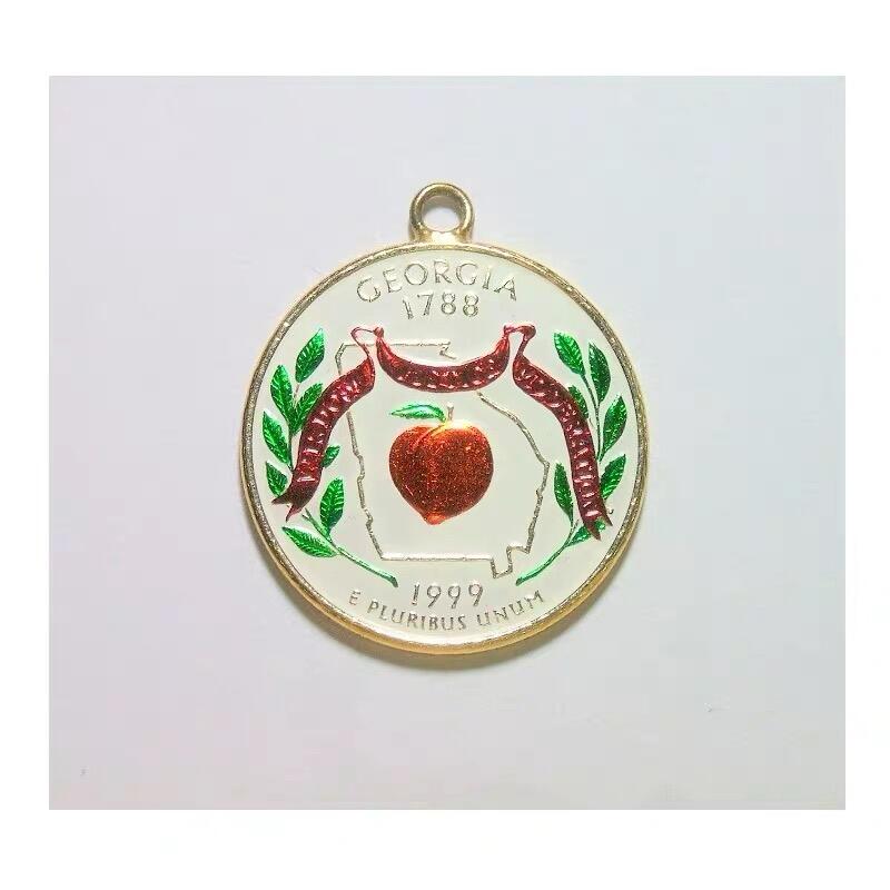 纯手工 美国1999年佐治亚州 华盛顿琅彩镀金高浮雕精制币章吊坠 25MM
