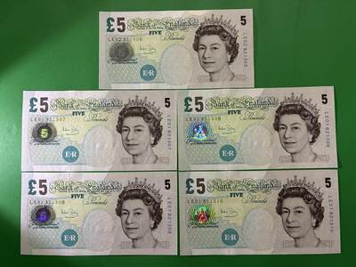 咖啡豆•收藏 2026年Apr_7th世界各国纸币拍卖 - 5枚 英国 2002年 5英镑 全新UNC 外国 欧洲纸币 05-10 女王钞