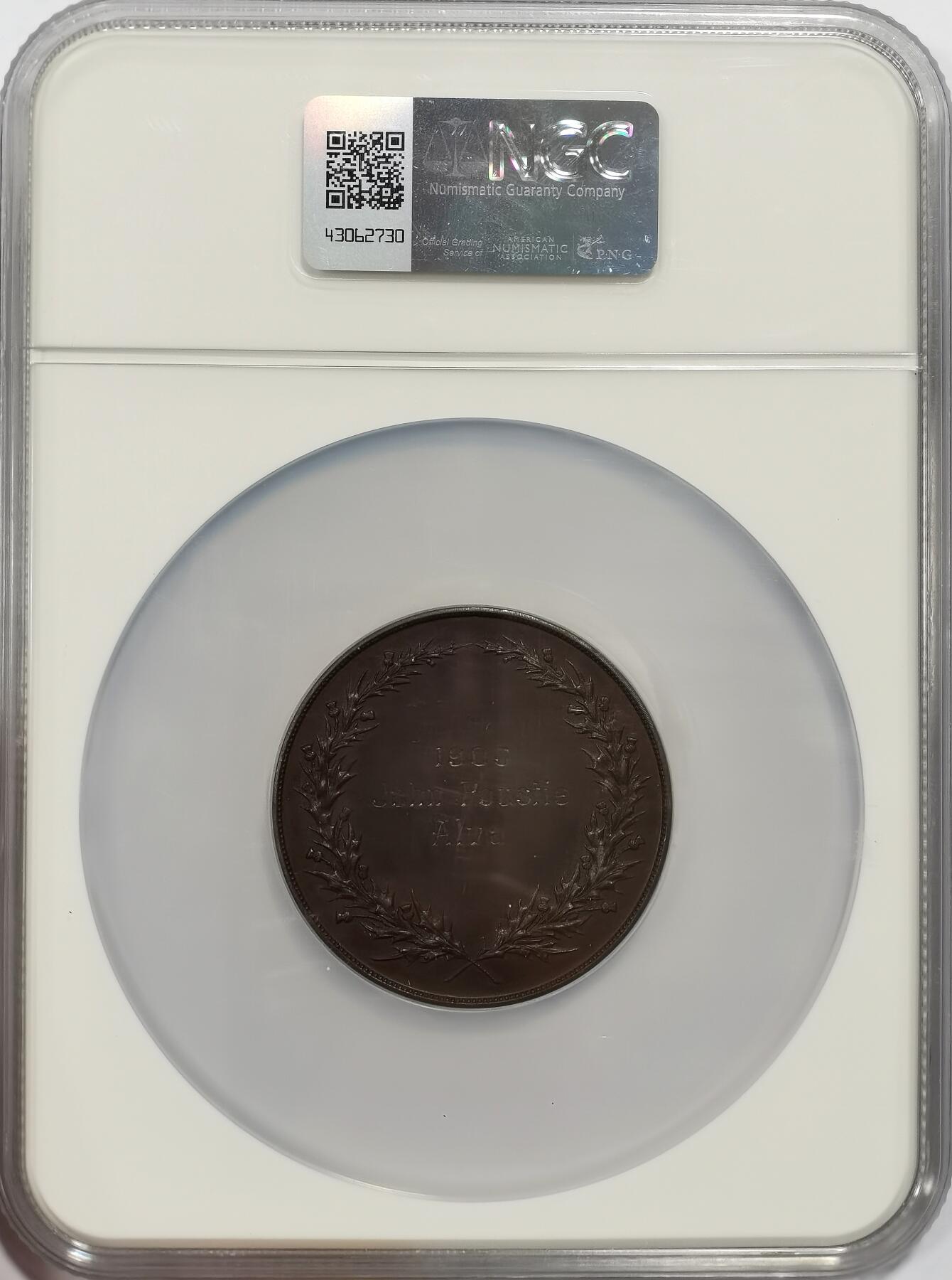 博洋堂世界钱币拍卖第167期（全场包邮） NGC MS63 英国1905年联合协会纪念大铜章，克拉克曼学院和金罗斯郡爱丁堡学院的纹章精美无敌，高浮雕养眼！