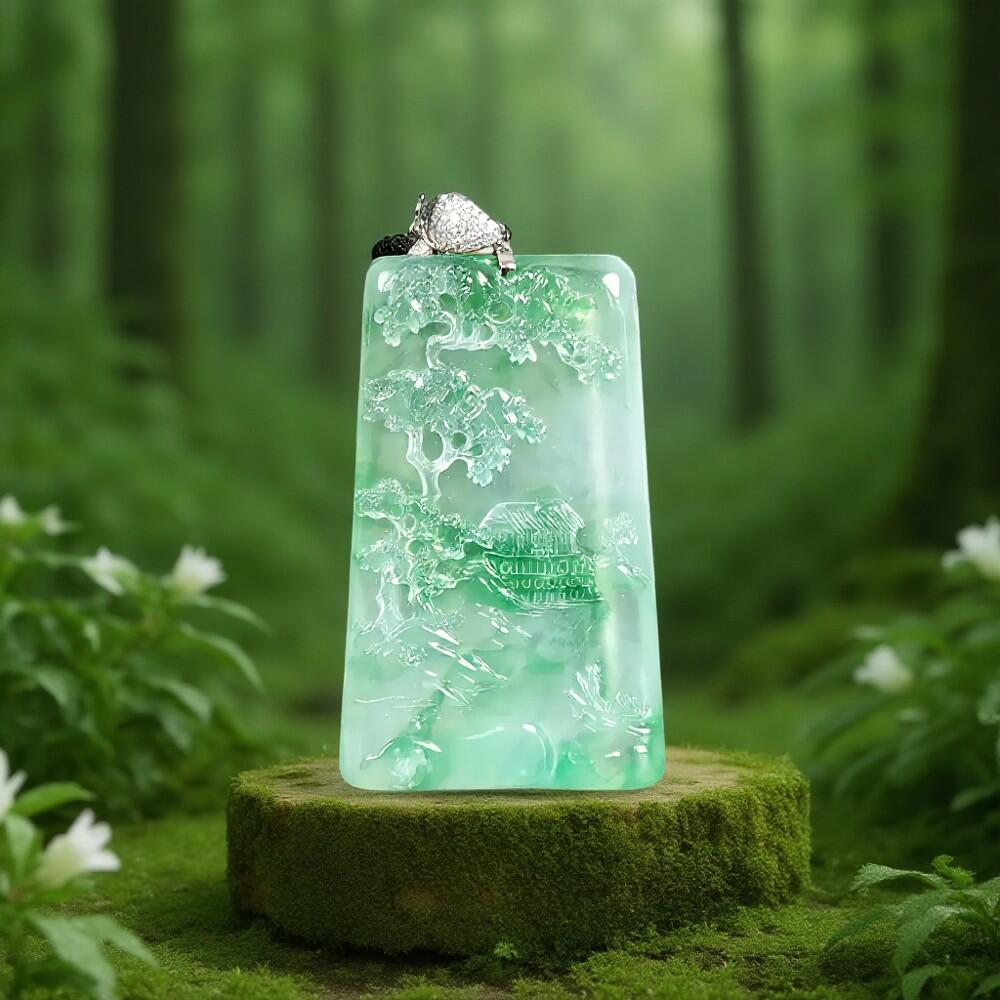 碧月说宝 君子怀瑾·当代和田玉清风专场（七） 加龙雕高冰飘阳绿山水牌