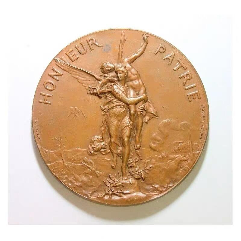 【艺术】法国艺术大章1891年 女神+天使高浮雕精制超大铜章 60MM