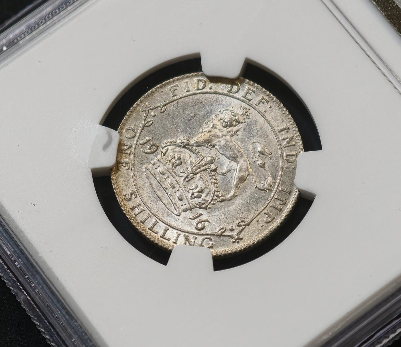 甄臻铺-世界币章拍卖（第58期），送拍享返佣金等优惠多多 NGC-MS63 1916年英国乔治五世先令，币面干净