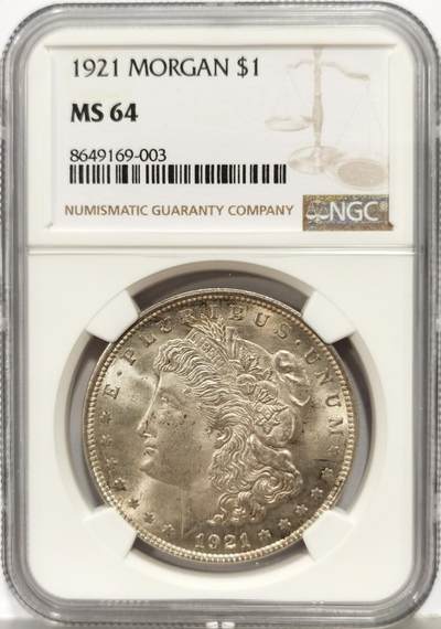 博洋堂世界钱币拍卖第167期（全场包邮） - NGC MS64 美国1921年摩根银币，极美原光好品，底板状态上佳，状态不输65。