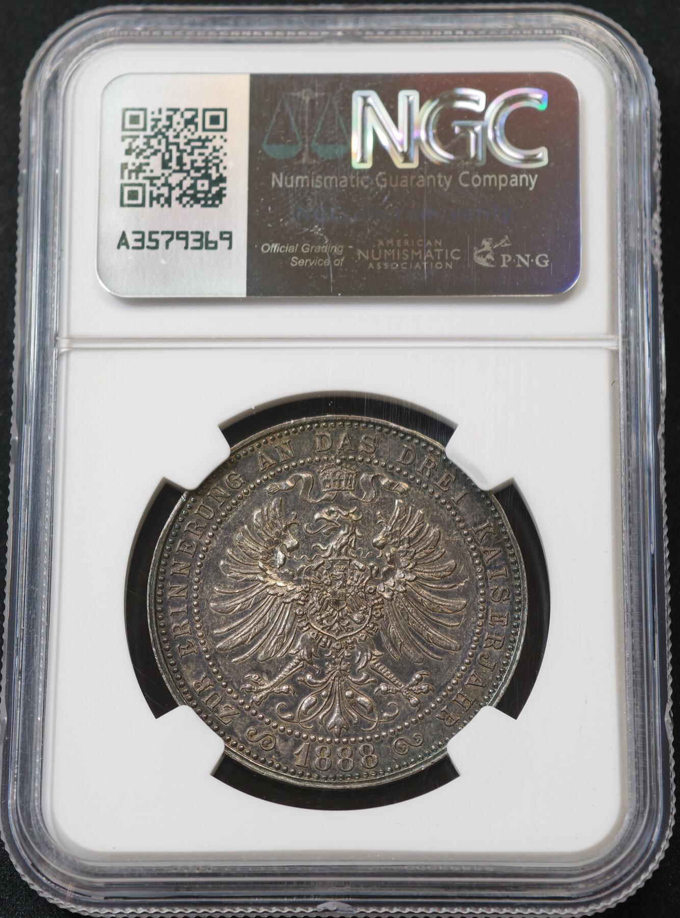 甄臻铺-世界币章拍卖（第58期），送拍享返佣金等优惠多多 NGC-UNCD 德国1888年三皇之年普鲁士鹰纪念银章 2026年3月麦稀奇拍卖同UNC品相最高成交价1600元，德国钱币经典名誉品，纪念1888年“三皇之年”特殊历史节点，全深打高浮雕帝国鹰，原味黑彩老包浆，德章大热门