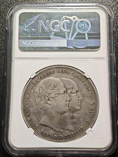 【德藏】世界币章拍卖第170期（拍品征集中~欢迎藏友联系） 1846年 德国符腾堡王子卡尔婚礼2泰勒大银币 NGC XF 少见品种