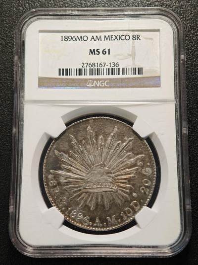 【德藏】世界币章拍卖第170期（拍品征集中~欢迎藏友联系） 1896年 墨西哥8R银币 深彩包浆 极其漂亮 NGC MS61