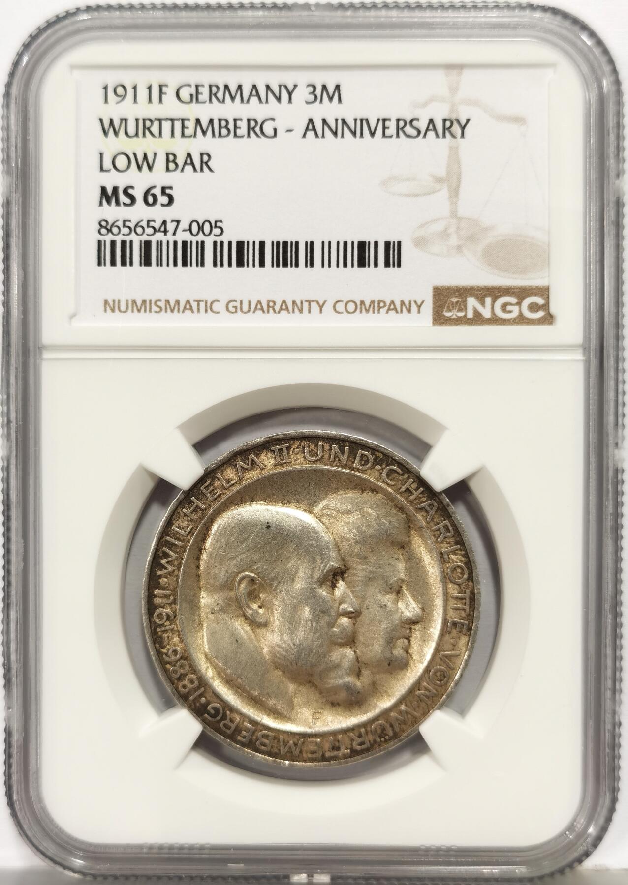 博洋堂世界钱币拍卖第167期（全场包邮） NGC MS65 德国1911年符腾堡银婚纪念3马克银币，淡金彩，彩不遮光。出厂般光泽，一步到位的高分好品。