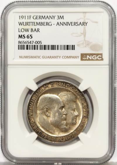 博洋堂世界钱币拍卖第167期（全场包邮） - NGC MS65 德国1911年符腾堡银婚纪念3马克银币，淡金彩，彩不遮光。出厂般光泽，一步到位的高分好品。