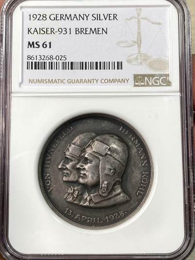 万国钱币拍卖第064期 - NGC MS61 1928年德国不莱梅兄弟飞跃大西洋纪念银章 边铭900高浮雕原味黑彩好状态