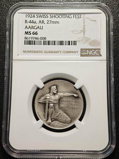 【德藏】世界币章拍卖第170期（拍品征集中~欢迎藏友联系） 1924年 瑞士阿尔高州阿劳射击节银章 磨砂质感 鹰徽细腻 整体包浆搭配图案映衬出十足朦胧感 NGC MS66