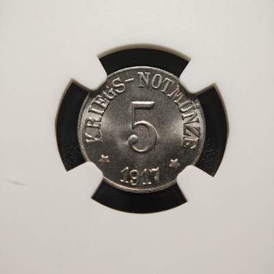 【德藏】世界币章拍卖第170期（拍品征集中~欢迎藏友联系） 1917年 德国紧急时期基尔兴拉米茨5芬尼铁币 NGC MS65 保存不易 好品难得