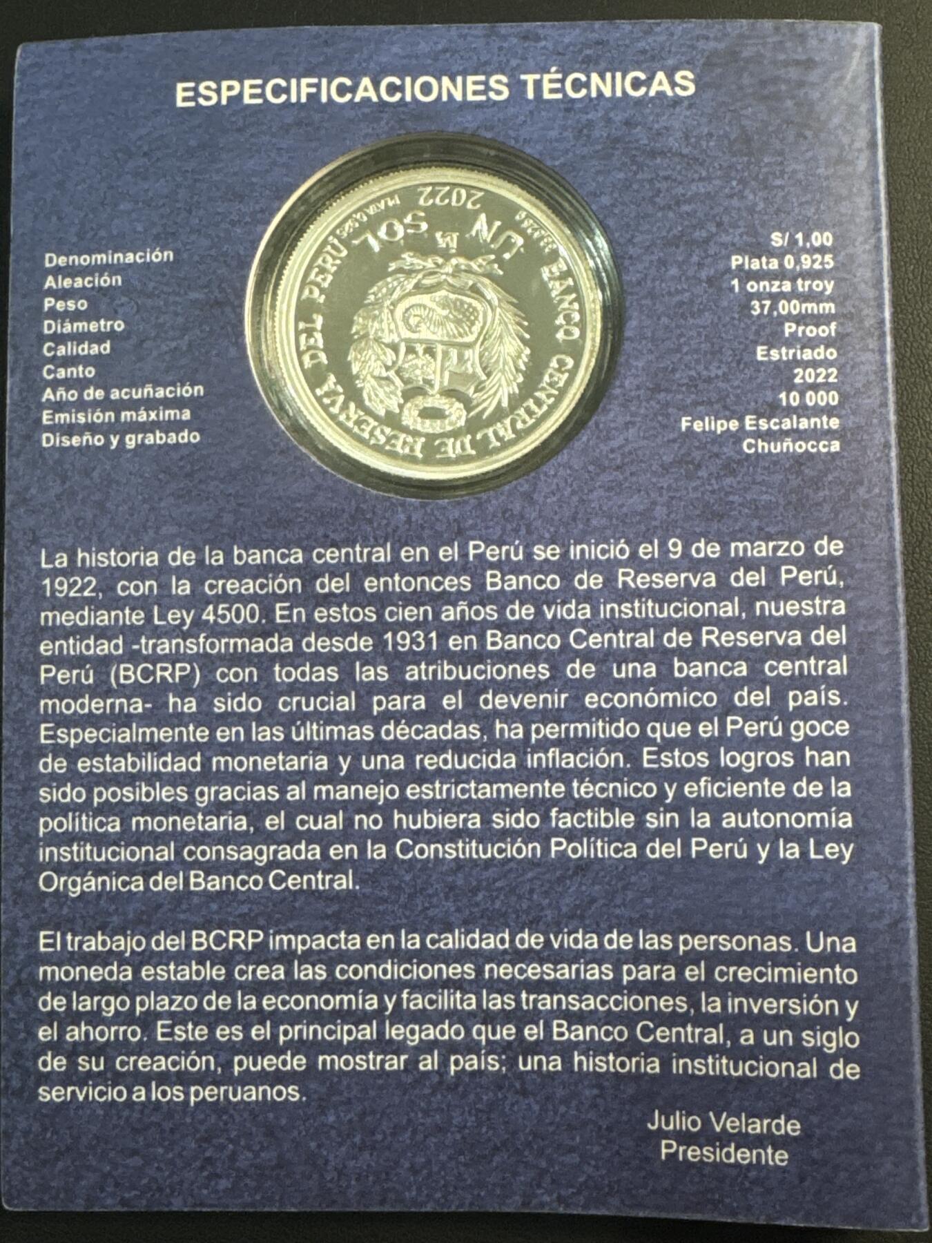 ❤️【币观天下】❤️ 第347期钱币拍卖场- 2026.4.3周五晚上6点半场 长期征集拍品  秘鲁2022年秘鲁中央银行成立100周年纪念银币，33克大银币，含银量0.925含纯银31.1克