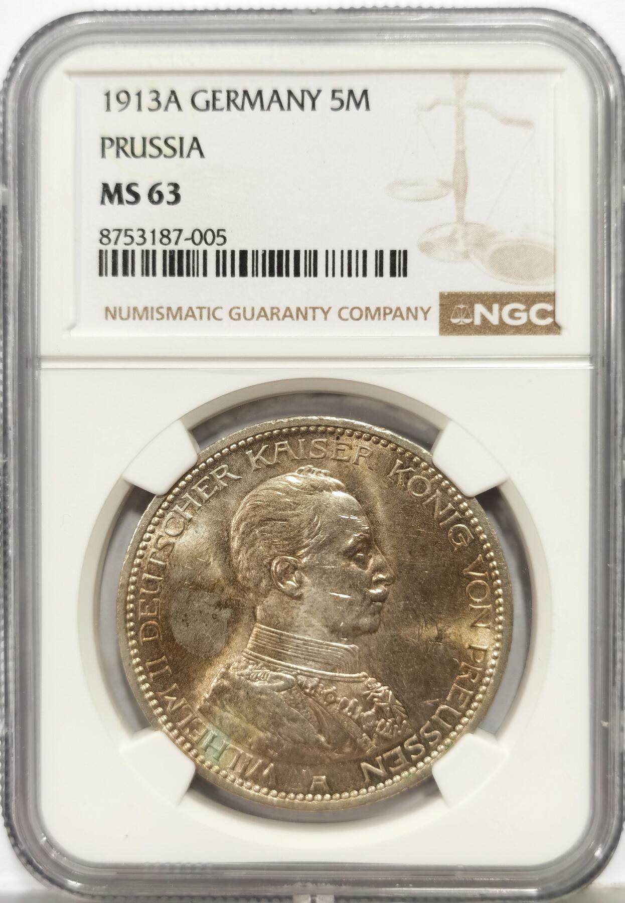 博洋堂世界钱币拍卖第167期（全场包邮） NGC MS63 德国普鲁士1914年威廉二世军装5马克银币 浅金彩，光度极好，可自藏的好状态。