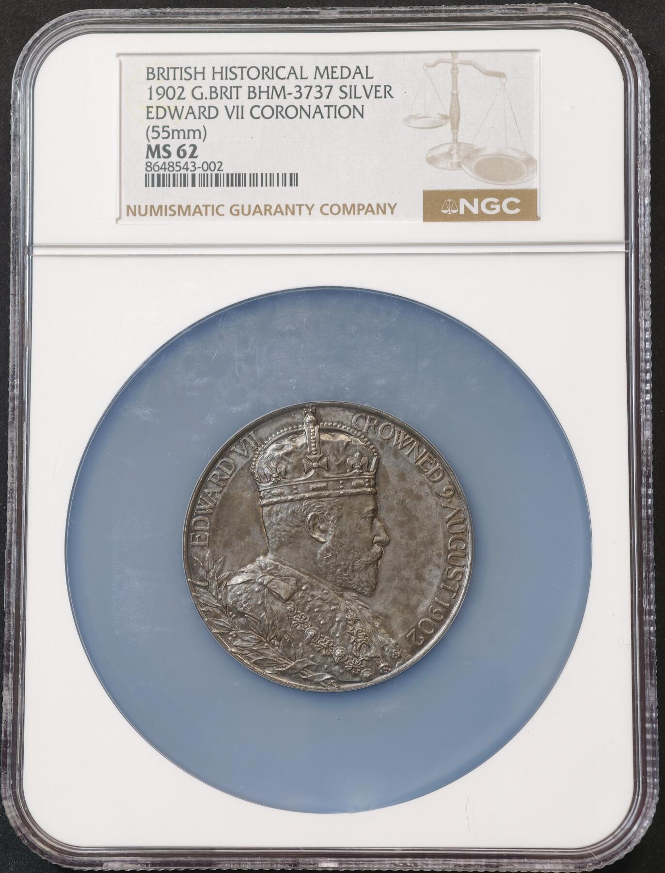甄臻铺-世界币章拍卖（第58期），送拍享返佣金等优惠多多 NGC-MS62 1902年英国爱德华七世1902年8月9日登基纪念大银章，尺寸很大，包浆醇厚，品相极好