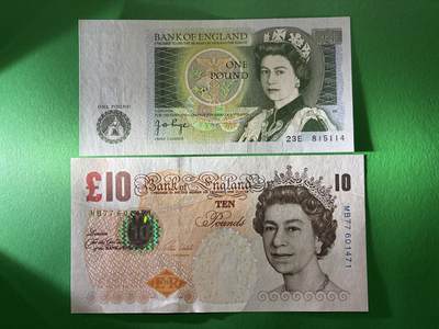 咖啡豆•收藏 2026年Apr_7th世界各国纸币拍卖 - 2枚 英国 1&10英镑 全新UNC 外国 欧洲纸币 女王钞