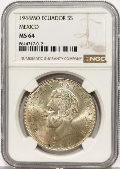 博洋堂世界钱币拍卖第167期（全场包邮） - NGC MS64 厄瓜多尔1944年5苏克雷大银币，淡黄油包浆，光度非常好，极美状态，可自藏的品相。