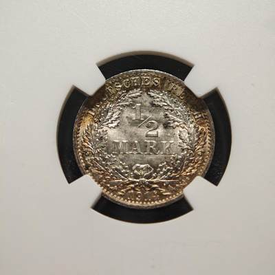 【德藏】世界币章拍卖第170期（拍品征集中~欢迎藏友联系） 1914年 德国1/2马克银币 NGC MS65 深彩包浆 状态极佳