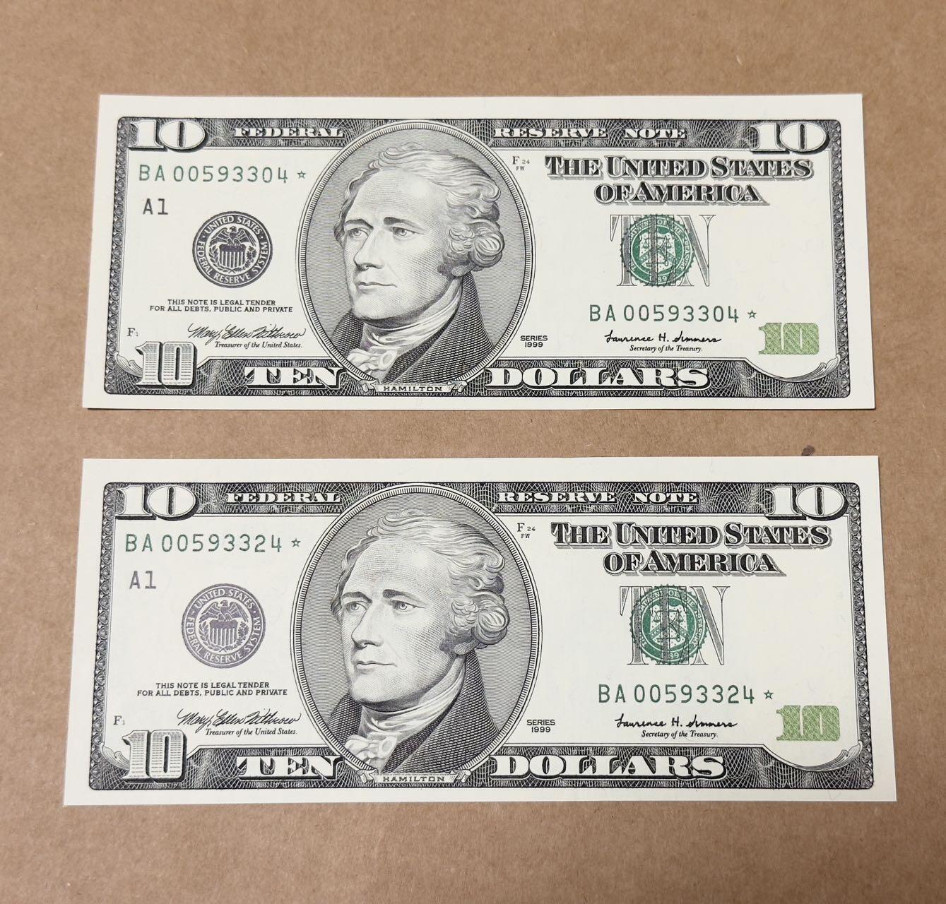 【礼羽收藏】🌏世界钱币拍卖第131期 99年黑白大头10美元补号两张全新UNC品相