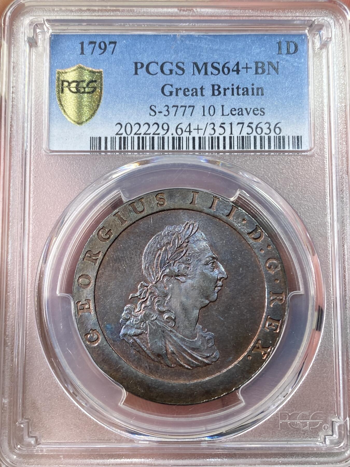 万国钱币拍卖第064期 PCGS MS64+ 1797年英国乔治三世1便士铜币 SOHO厂作品 厚重大规格原味红铜转光 难得一见的典藏级状态
