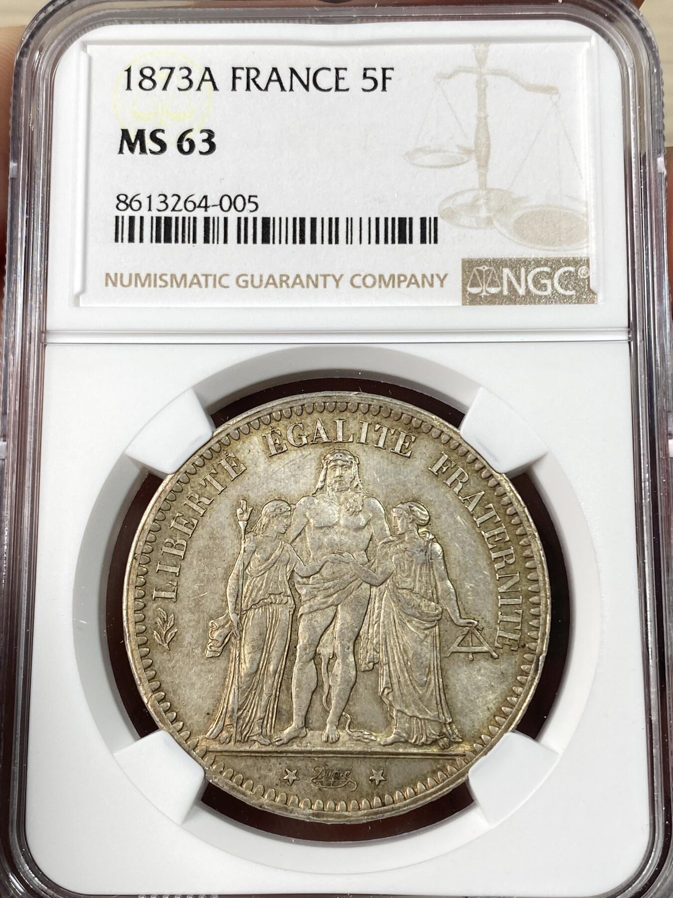 万国钱币拍卖第064期 NGC MS63 1873年法国大力神5法郎银币 经典品种 双女神簇拥大力神赫拉克勒斯 转光底板香槟金彩环绕