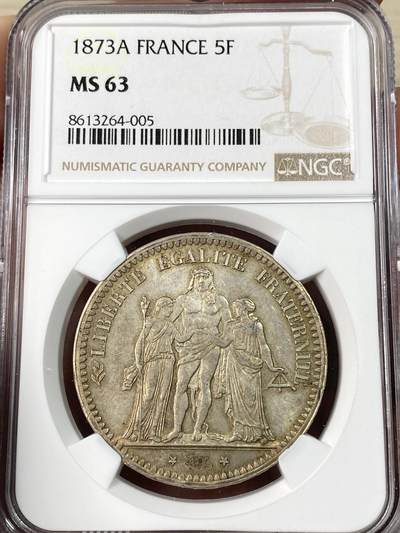 万国钱币拍卖第064期 - NGC MS63 1873年法国大力神5法郎银币 经典品种 双女神簇拥大力神赫拉克勒斯 转光底板香槟金彩环绕