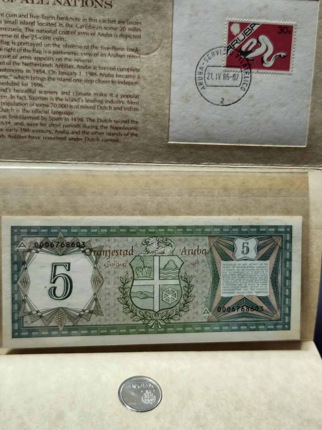 4月1号晚上8点 中外纸币自动截拍第50场 荷属阿鲁巴5弗洛林 三合一 全新