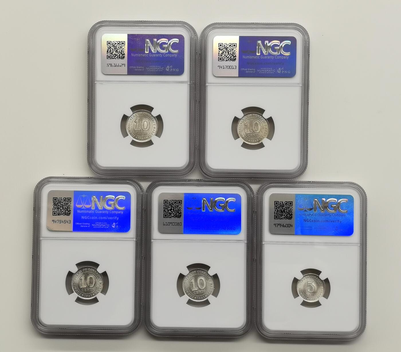 博洋堂世界钱币拍卖第167期（全场包邮） NGC MS62-64 英属马来亚1939-45年乔治六世10分银币5枚一组