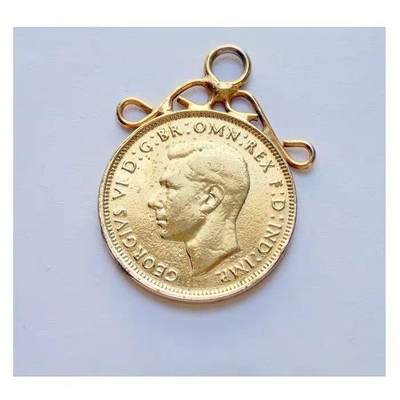 纯手工 英国1944年 二战期间乔治六世镀金高浮雕精制币章吊坠 26MM - 纯手工 英国1944年 二战期间乔治六世镀金高浮雕精制币章吊坠 26MM