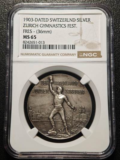 【德藏】世界币章拍卖第170期（拍品征集中~欢迎藏友联系） 1903年 瑞士苏黎世体操节纪念银章 磨砂质感 原味包浆 NGC MS65