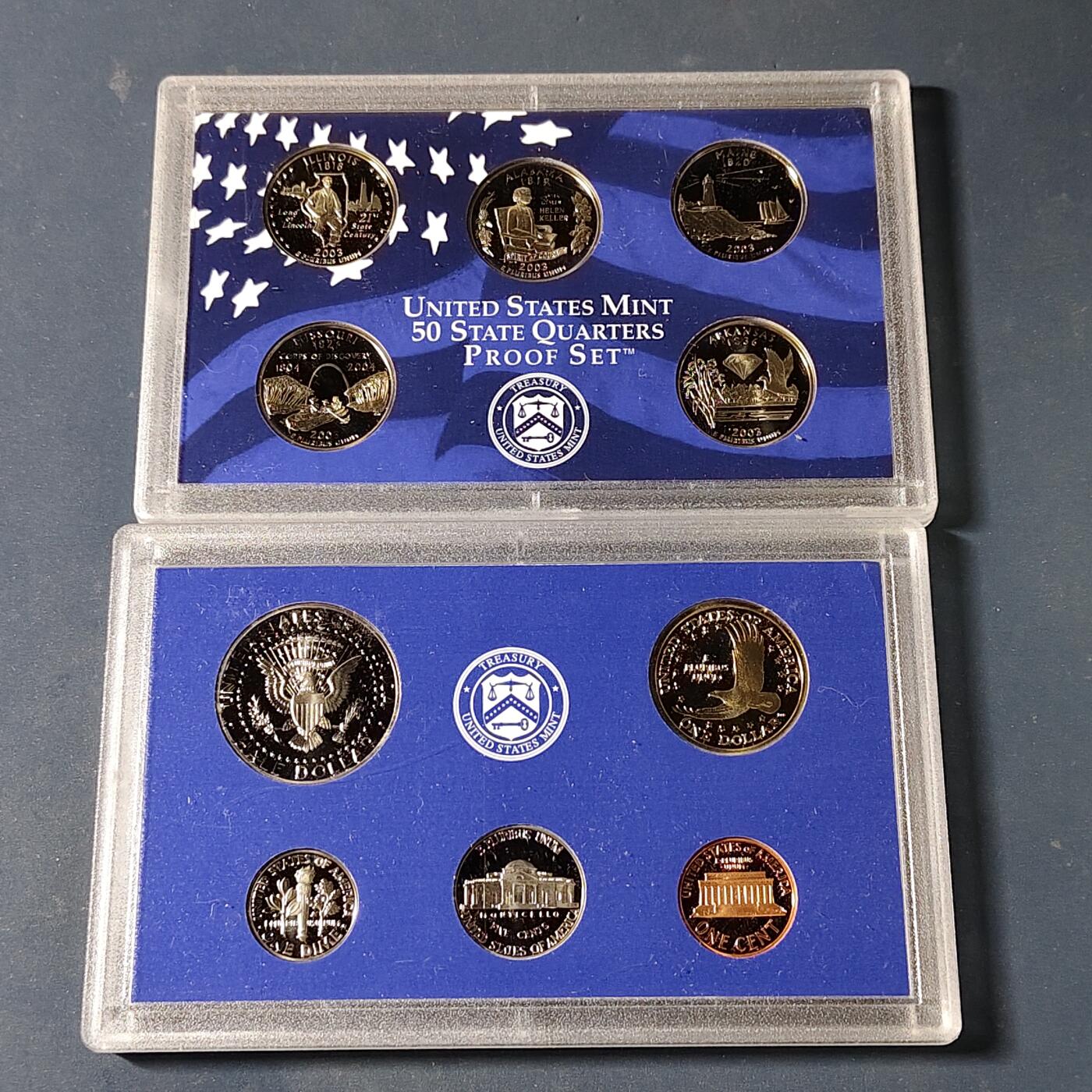 【全场包邮】纯粹捡漏拍517场 美国2003年官方封装精制套币（流通币一盒+州币一盒）-盒证全