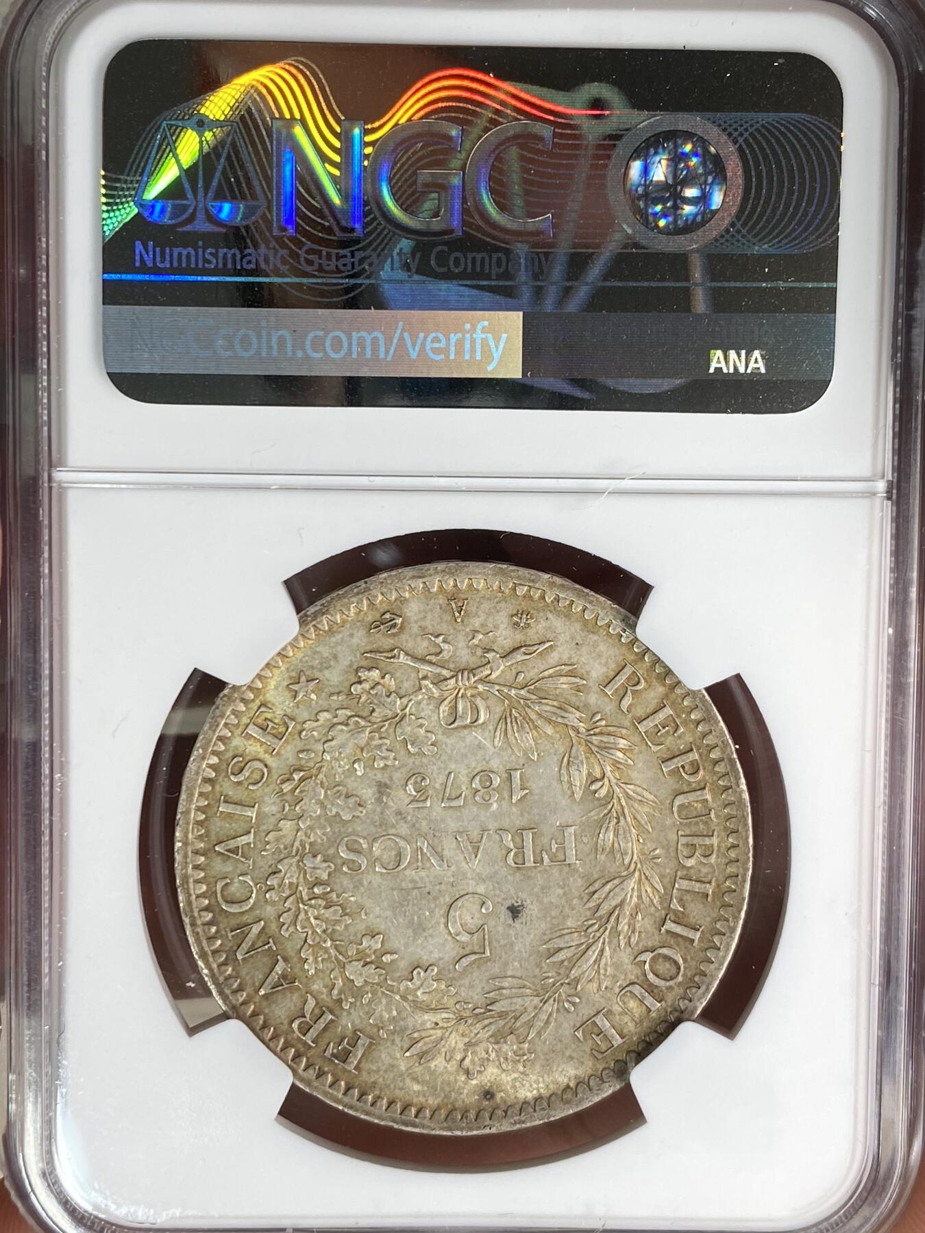 万国钱币拍卖第064期 NGC MS63 1873年法国大力神5法郎银币 经典品种 双女神簇拥大力神赫拉克勒斯 转光底板香槟金彩环绕