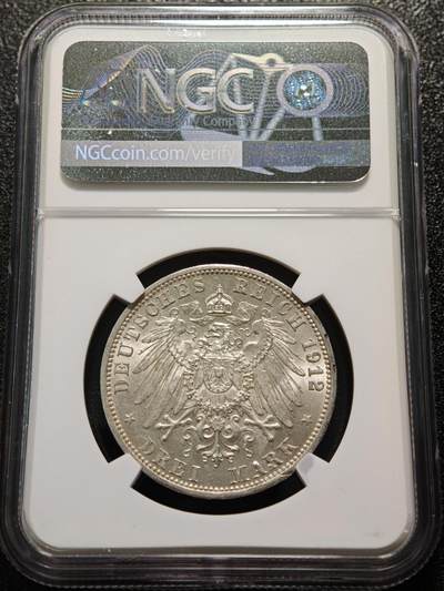 【德藏】世界币章拍卖第170期（拍品征集中~欢迎藏友联系） 1912年 德国普鲁士威廉二世3马克银币 NGC MS62 原光极强