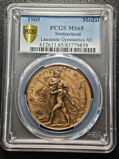 【德藏】世界币章拍卖第170期（拍品征集中~欢迎藏友联系）  1909年 瑞士洛桑体操奖章城市景观纪念铜章 细节丰富 包浆温润 PCGS MS65