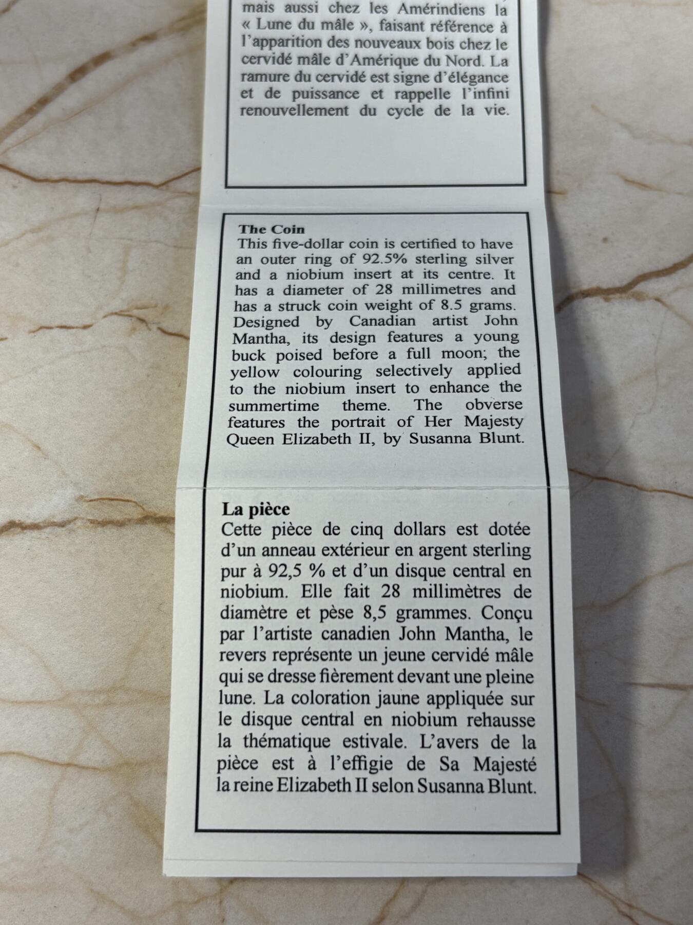 第196期拍卖 加拿大2011年阿尔冈京族满月系列月下麋鹿银铌币，925银/999铌，7.1克/1.4克，发行7500枚