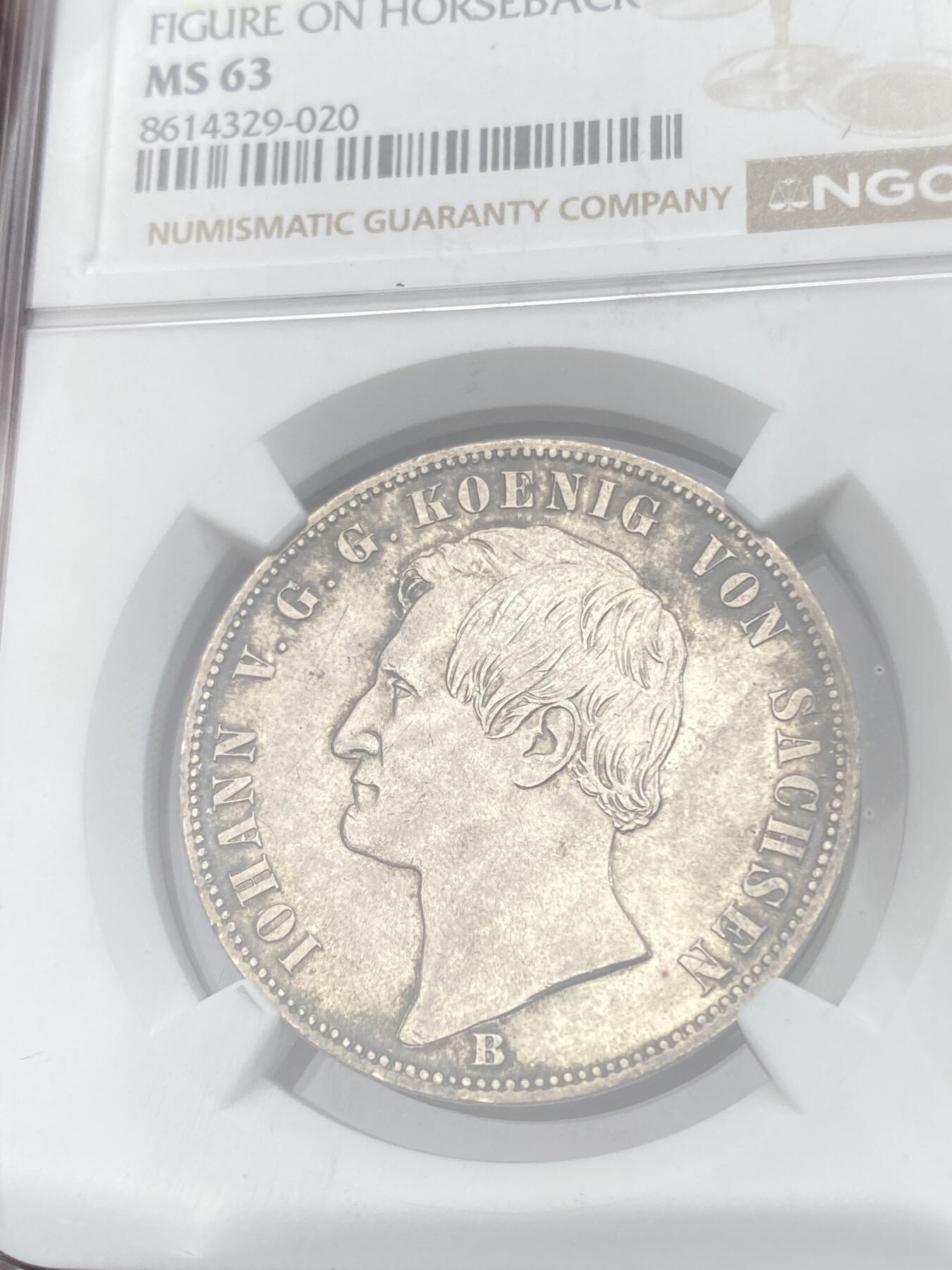 万国钱币拍卖第064期 NGC MS63 1871年德国-萨克森普法战争胜利泰勒 胜利系列中难度最大品种 经典骑马女武神凯旋 原味香槟色转光环彩收藏级品质