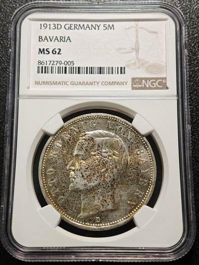 【德藏】世界币章拍卖第170期（拍品征集中~欢迎藏友联系） 1913年 德国巴伐利亚奥托5马克银币 NGC MS62 斑斓包浆 原光极强