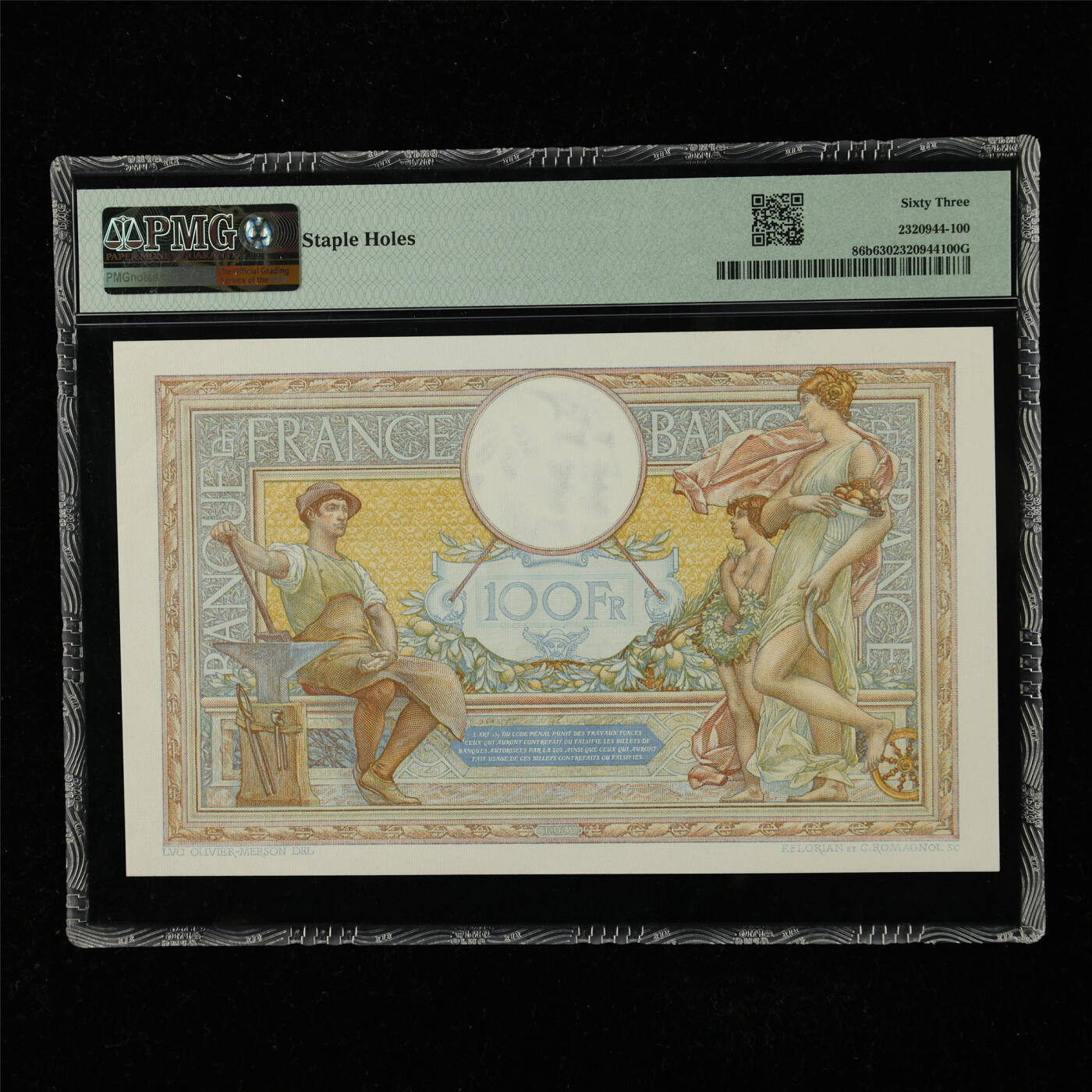 【亘邦集藏】第225期拍卖 1937-39年 法国100法郎 PMG 63 Q.63938 586
