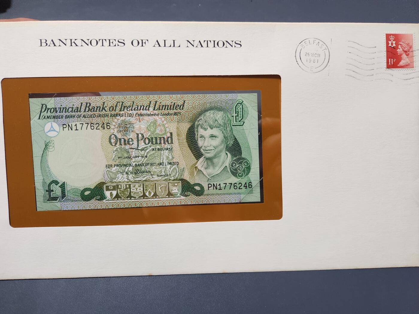 4月1号晚上8点 中外纸币自动截拍第50场 1979年英国北爱尔兰银行1英镑纸币富兰克林邮币封全新