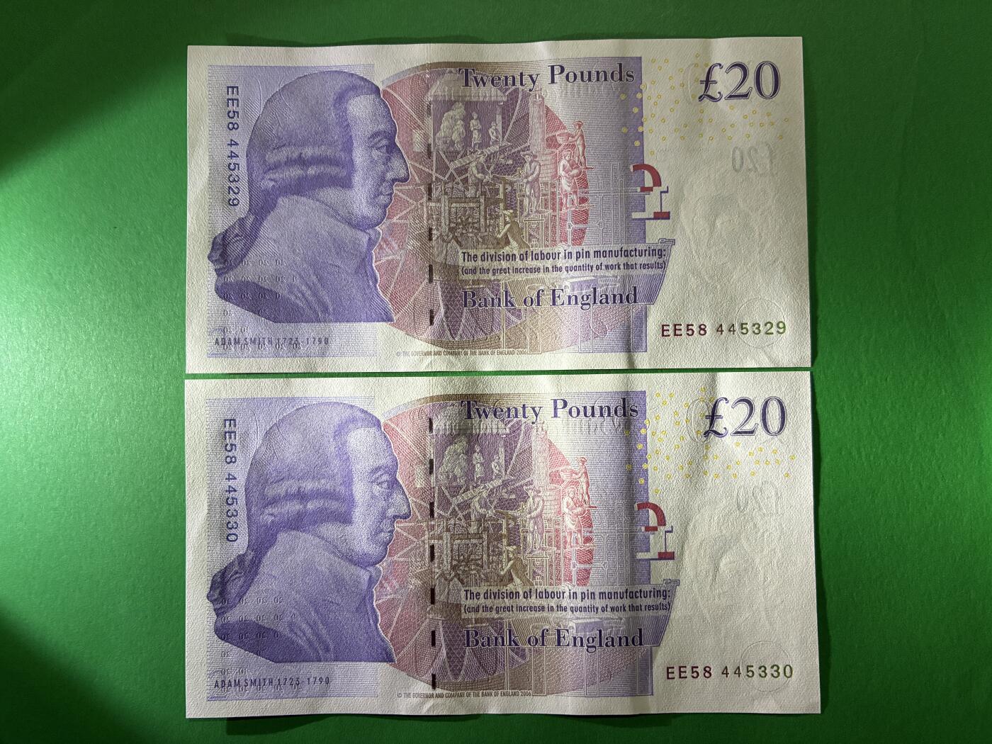 咖啡豆•收藏 2026年Apr_7th世界各国纸币拍卖 2枚 英国 2006年 20英镑 全新UNC连号 外国 欧洲纸币 29-30 女王钞