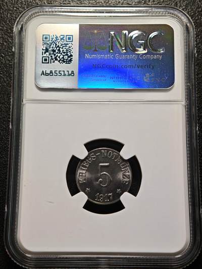 【德藏】世界币章拍卖第170期（拍品征集中~欢迎藏友联系） 1917年 德国紧急时期基尔兴拉米茨5芬尼铁币 NGC MS65 保存不易 好品难得