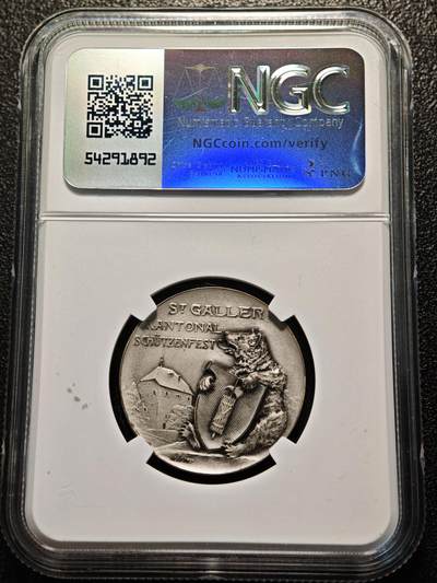 【德藏】世界币章拍卖第170期（拍品征集中~欢迎藏友联系） 1910年瑞士圣加仑戈绍射击节银章 稀少品种 磨砂精铸 品相状态非常棒 NGC MS65
