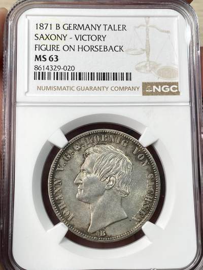 万国钱币拍卖第064期 - NGC MS63 1871年德国-萨克森普法战争胜利泰勒 胜利系列中难度最大品种 经典骑马女武神凯旋 原味香槟色转光环彩收藏级品质