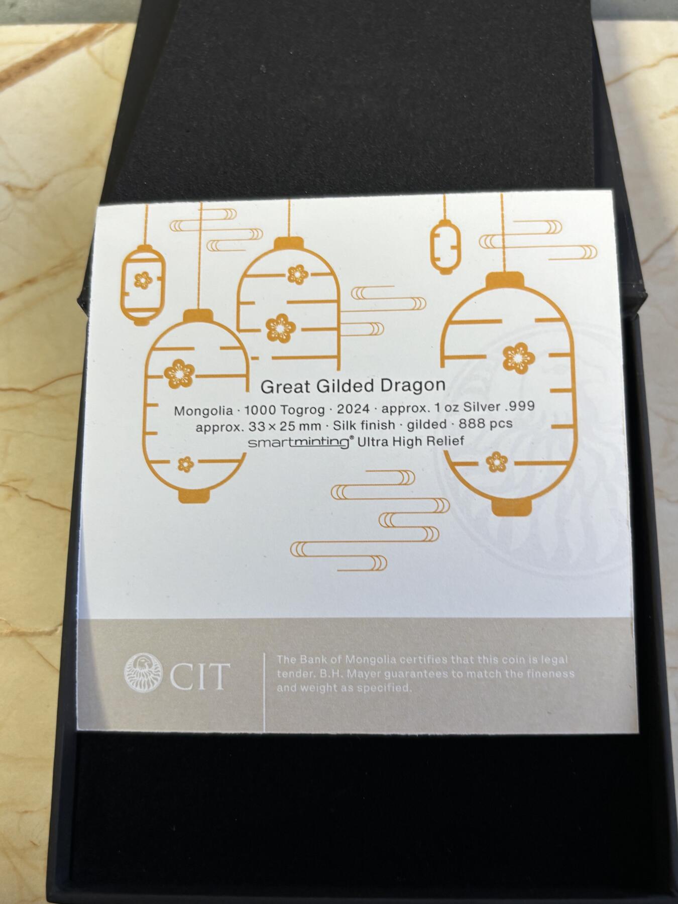 第196期拍卖 蒙古2024年中国生肖系列龙年1盎司镀金纪念银币，999银镀金，发行888枚