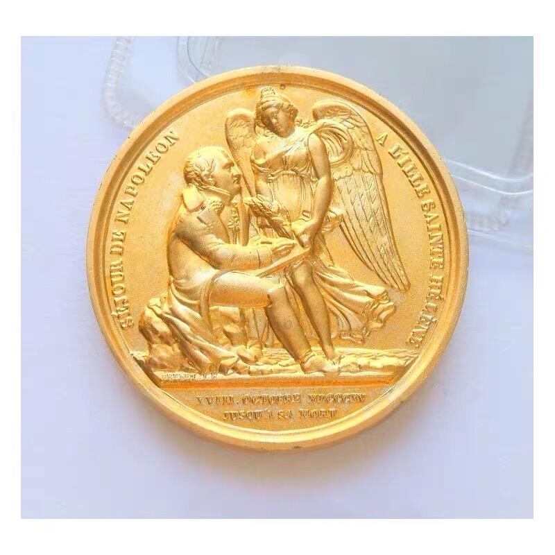 【艺术】法国艺术大章纪念1815年 拿破仑流放+雄鹰高浮雕精制大镀金章 40MM