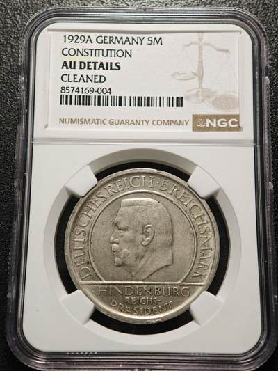 【德藏】世界币章拍卖第170期（拍品征集中~欢迎藏友联系） 1929年 德国魏玛共和国宪法公布10周年5马克纪念银币 NGC AU 状态安逸
