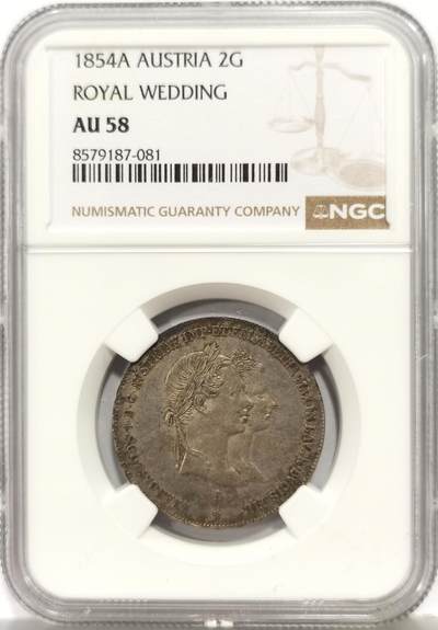 博洋堂世界钱币拍卖第167期（全场包邮） - NGC AU58 奥匈帝国1854年茜茜公主大婚1盾银币，带舒服的原始淡包浆，少见品种，性价比极高的一枚，整体状态不输之前拍过的MS