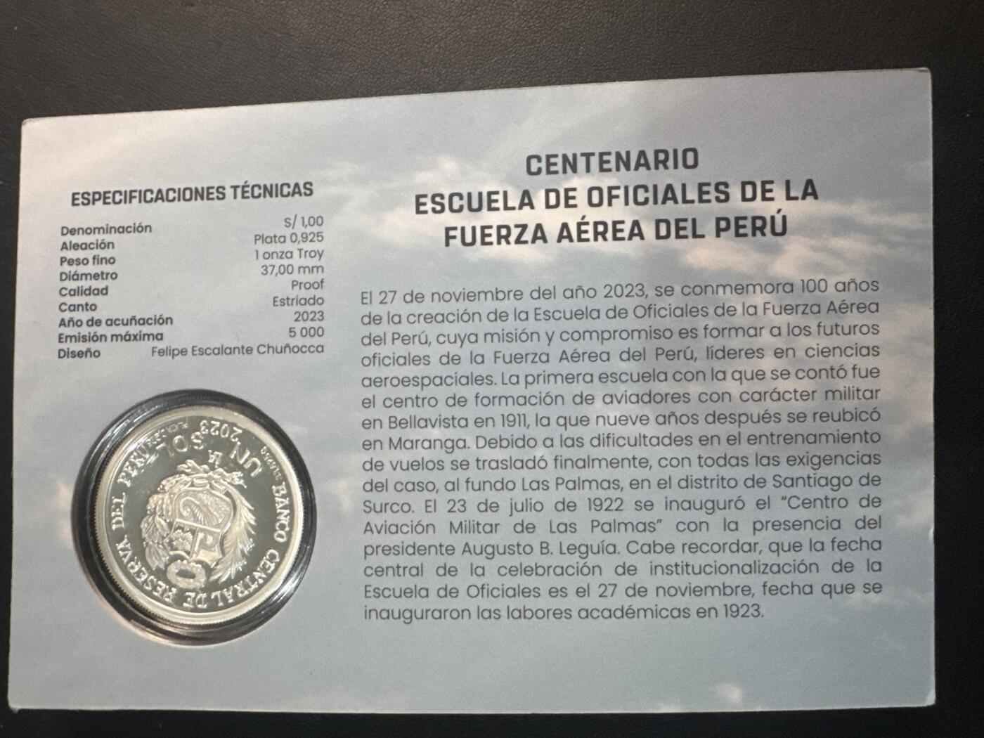 ❤️【币观天下】❤️ 第347期钱币拍卖场- 2026.4.3周五晚上6点半场 长期征集拍品  秘鲁2023年军事飞行学院成立100周年纪念银币，33克大银币，含银量0.925含纯银31.1克