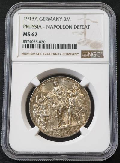 甄臻铺-世界币章拍卖（第58期），送拍享返佣金等优惠多多 - NGC-MS62 1913年普鲁士战胜拿破仑100周年纪念3马克银币